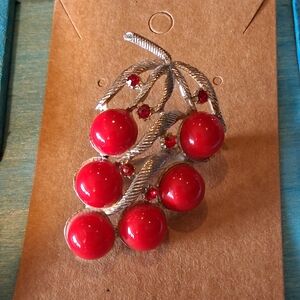 Vintage Red Cherry Cluster Brooch with Silver Leaves